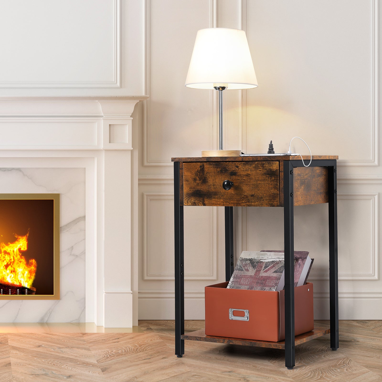 Nightstand with Charging Station & Storage Drawer, 2-Tier Rustic Side Table for Small Spaces, Bedroom & Living Room,