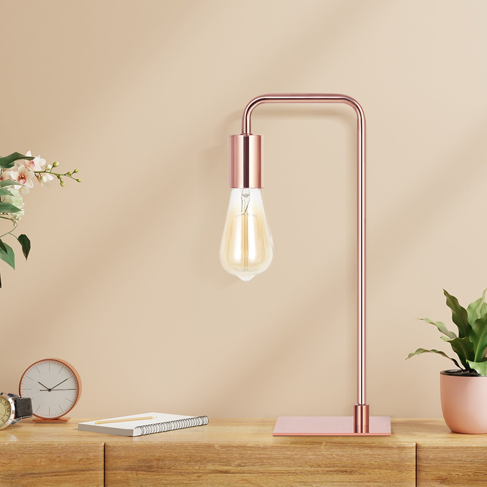 Neala Rose Gold Industrial Desk Lamp，Small Metal Nightstand Reading Lamp for Dorm and Bedroom.