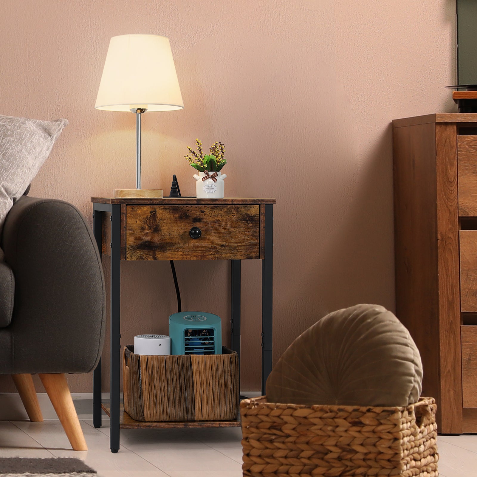 Nightstand with Charging Station & Storage Drawer, 2-Tier Rustic Side Table for Small Spaces, Bedroom & Living Room,