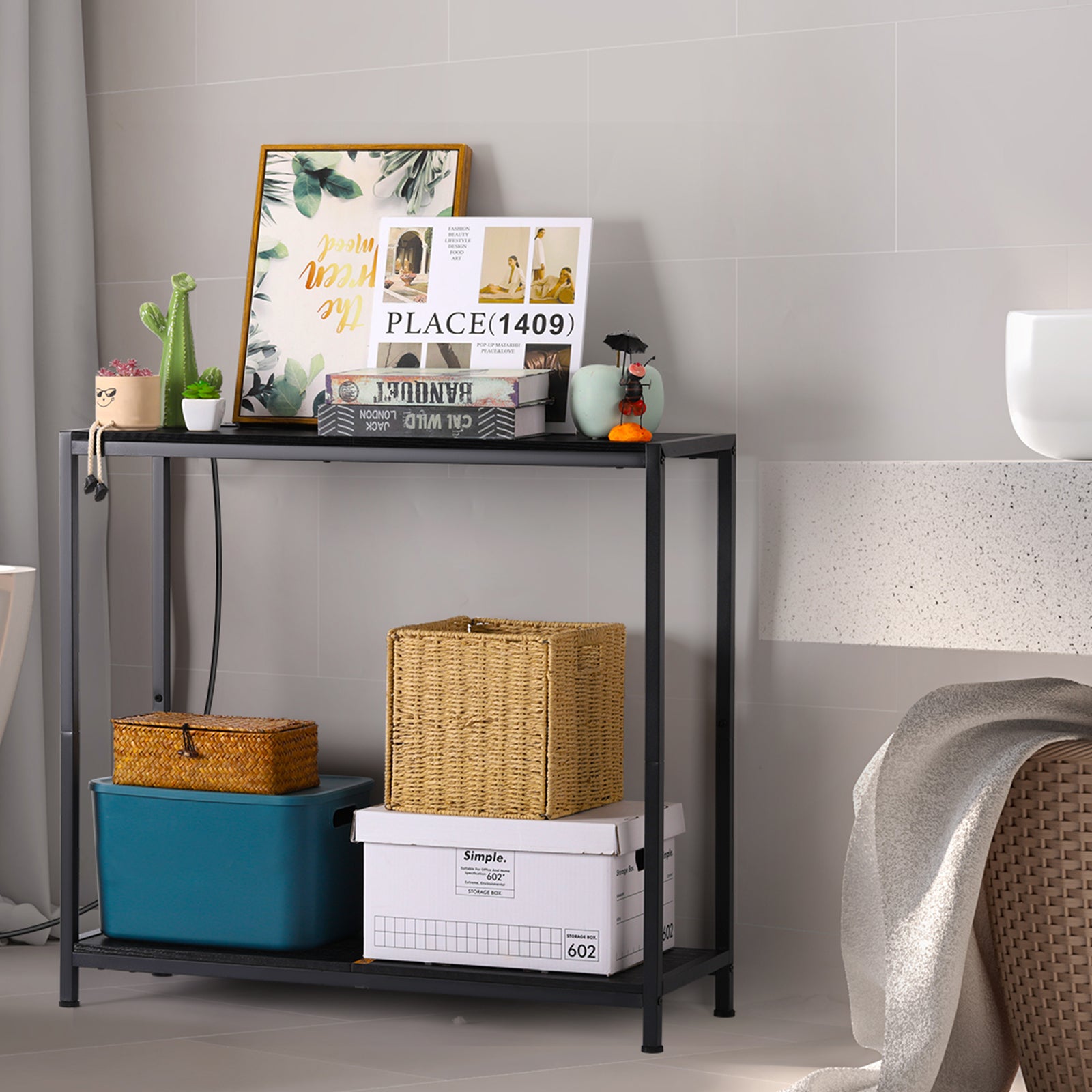 2 Tier Narrow Console Table, 33.9'' Sofa Table with Power Outlets and USB Ports, Industrial Entryway Table, Behind Couch Table for Living Room, Foyer, Hallway, Bedroom