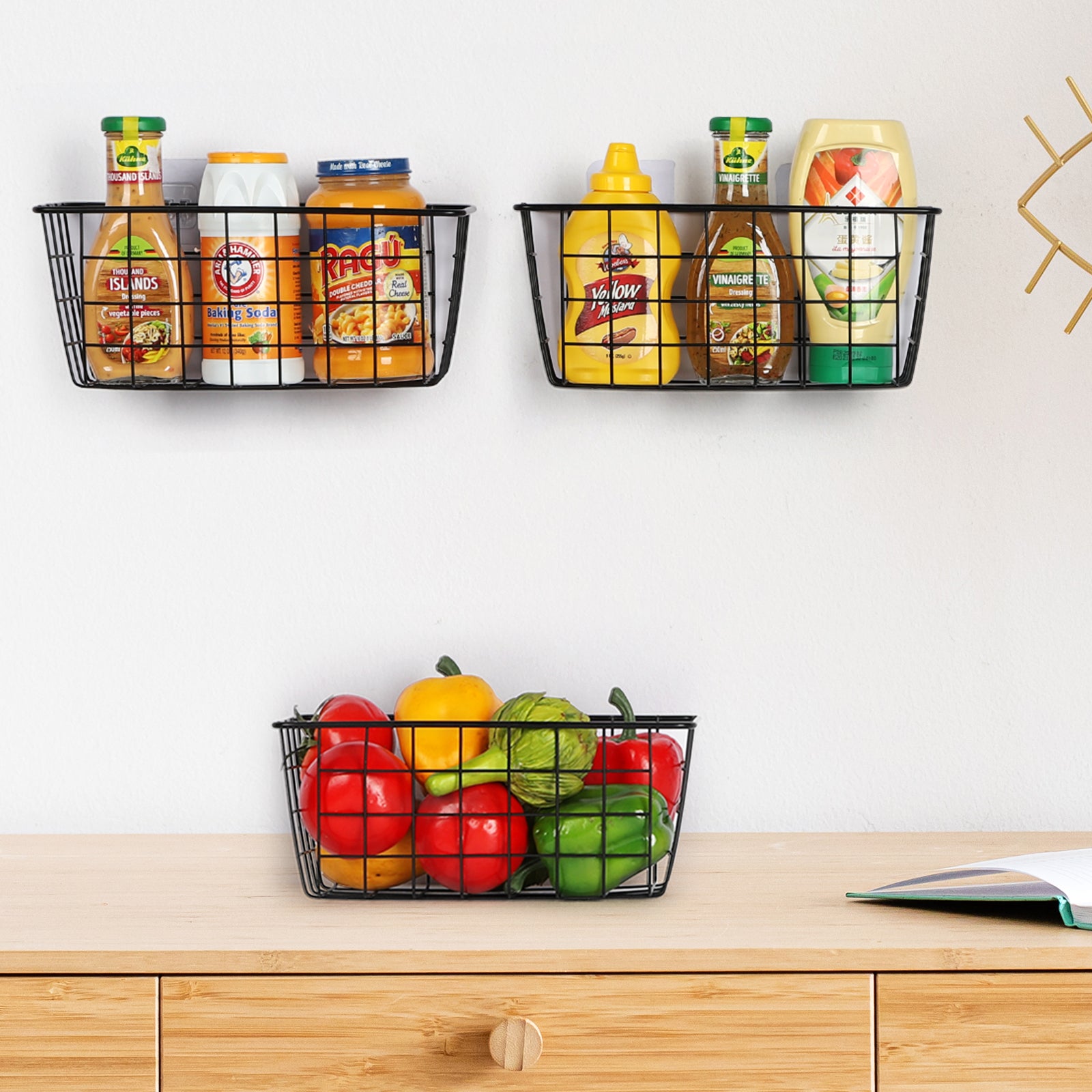 Heavy-Duty Metal Pantry Organizer Set | 5-Piece Hanging Wall Baskets for Kitchen, Office & Bath