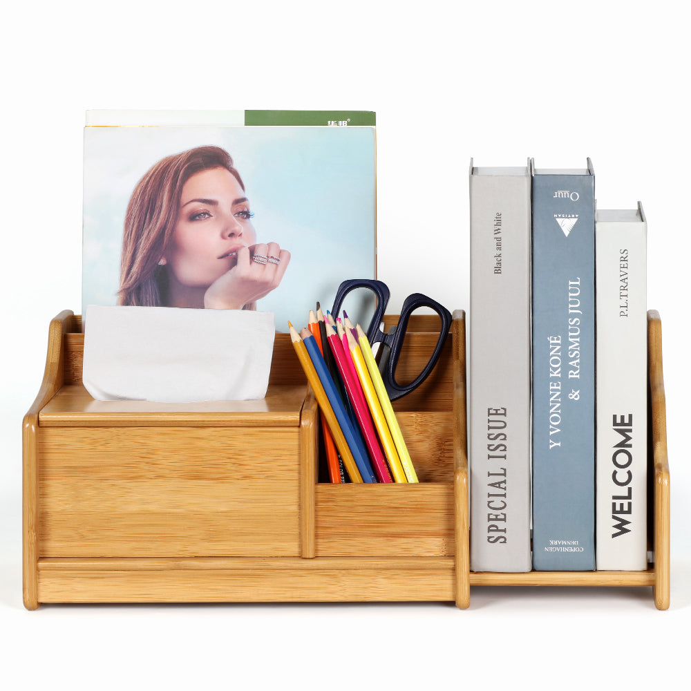 Expandable Bamboo Desk Organizer Tissue Box Pen Book Storage