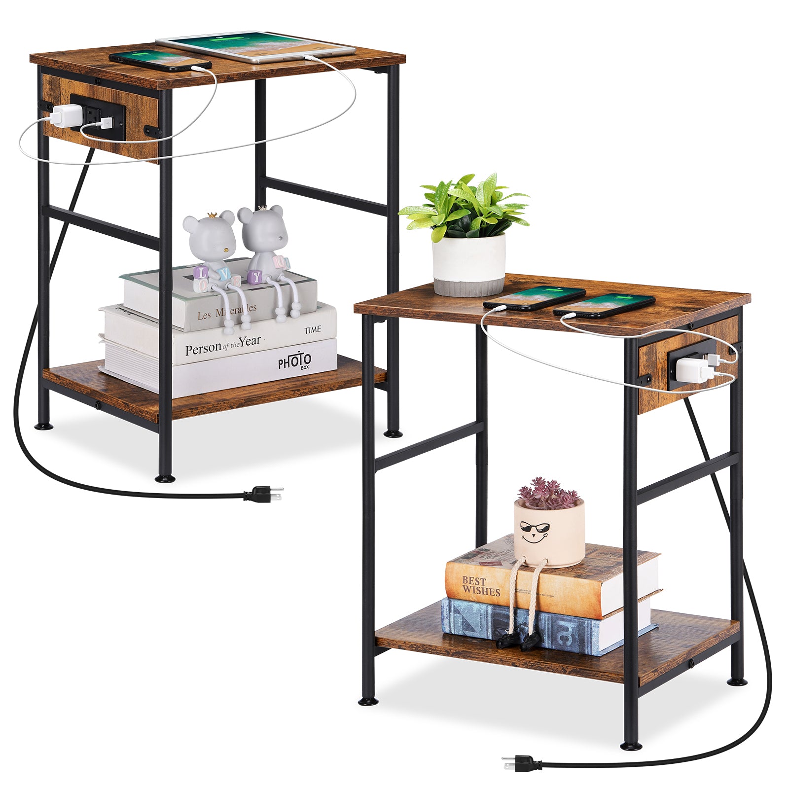 Pair of Rustic Brown 2-Tier Slim Bedside Tables with Integrated Power Outlets and USB Charging Ports, Compact End Tables with Lower Storage Shelf for Bedroom and Living Room