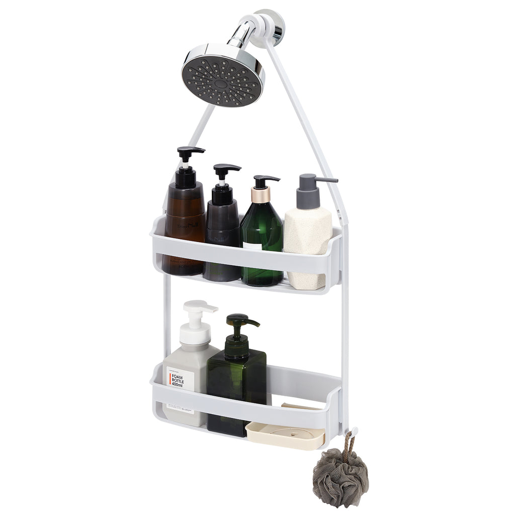 2 Tier Hanging Plastic Shower Shelves, Floating Shelves, Bathroom Shower Hanging Basket with Hooks and Soap Container