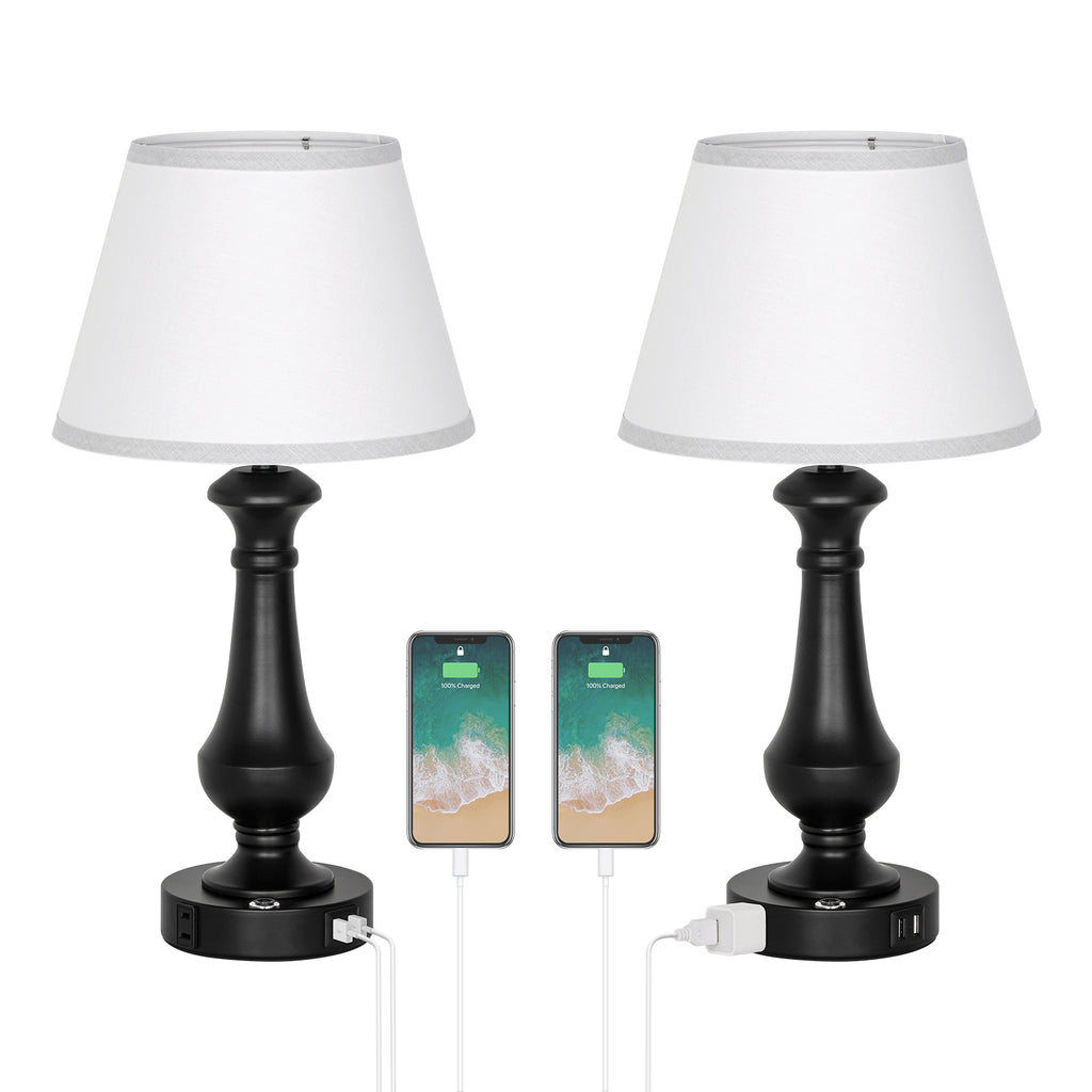 19" Small Table Lamp for Bedroom - Bedside Lamps with USB Ports & AC Outlet for Nightstand, Touch Control Black Table Lamp for Living Room with Fabric Shade, Desk Reading Lamp for Living Room Office Dorm, Set of 2