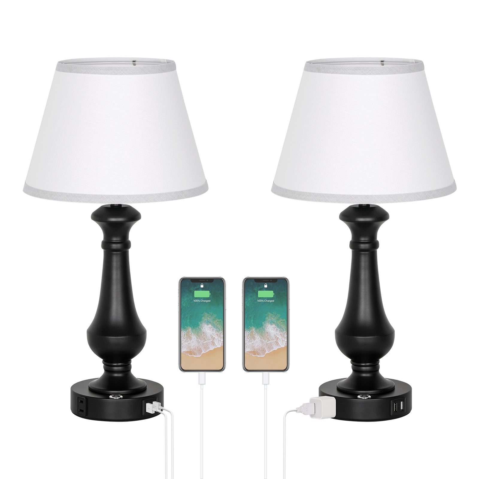 19" Small Table Lamp for Bedroom - Bedside Lamps with USB Ports & AC Outlet for Nightstand, Touch Control Black Table Lamp for Living Room with Fabric Shade, Desk Reading Lamp for Living Room Office Dorm, Set of 2