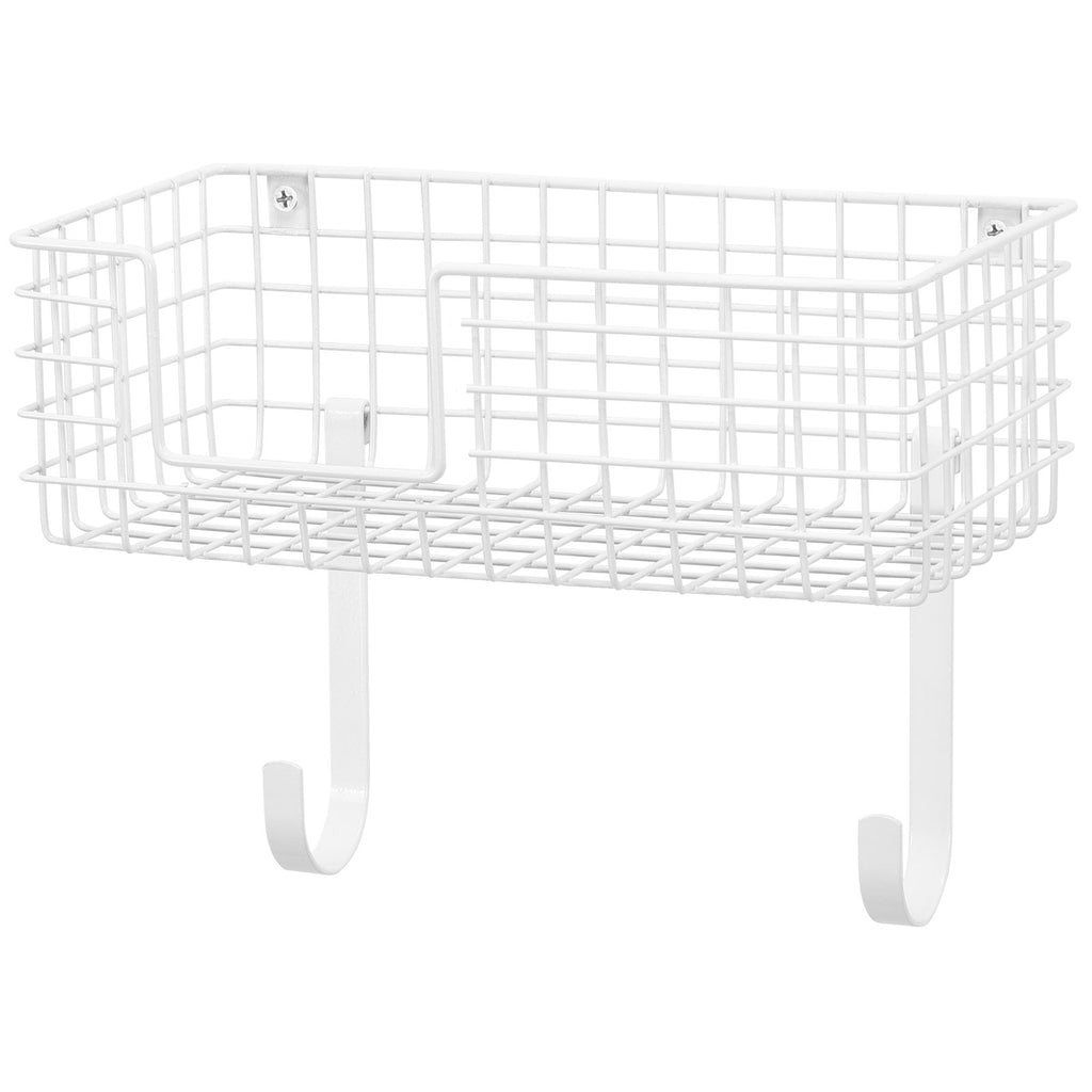 Wall Mount Iron & Ironing Board Holder, White Metal Laundry Organizer with Storage Basket and Removable Hooks