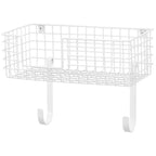 Wall Mount Iron & Ironing Board Holder, White Metal Laundry Organizer with Storage Basket and Removable Hooks