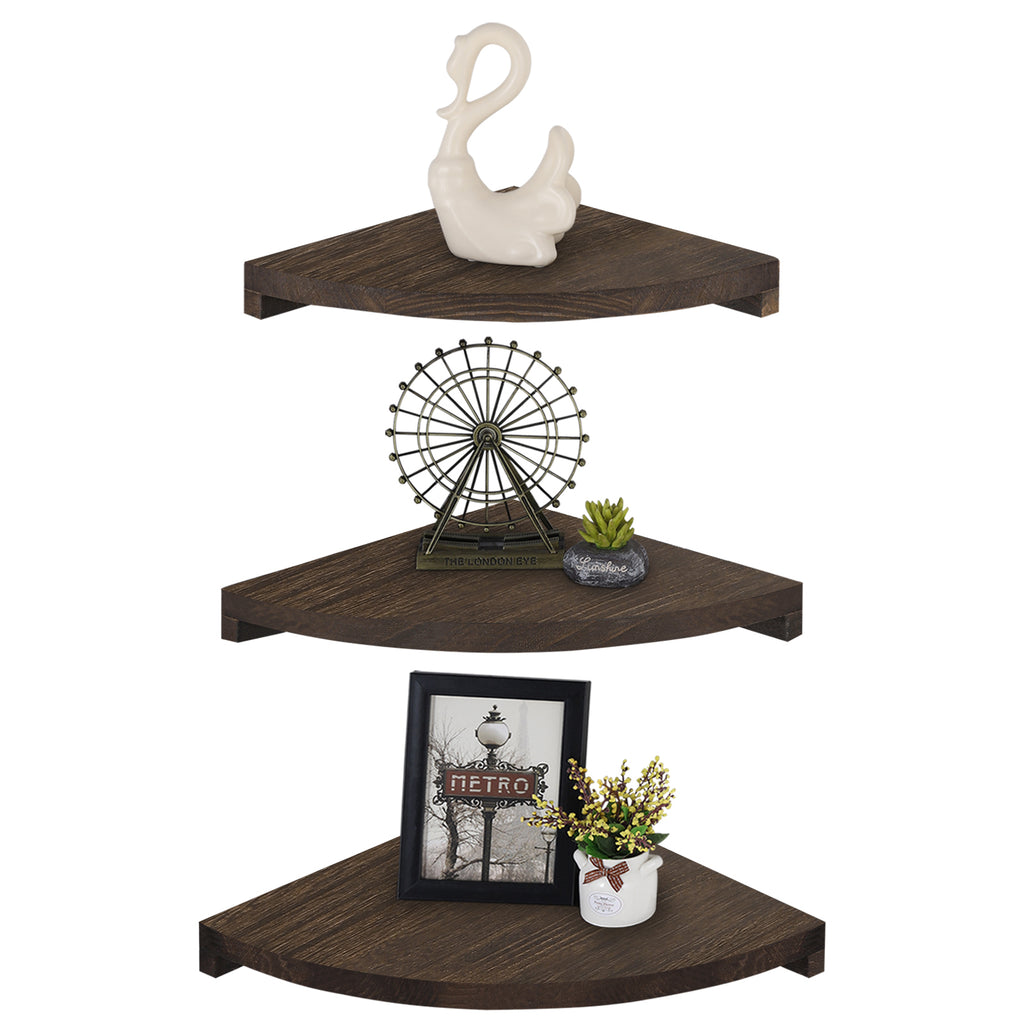 Set of 4 Rustic Dark Brown Wood Corner Floating Shelves, Wall-Mounted Storage and Display Units for Living Room, Bedroom, and Kitchen.