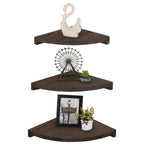 Set of 4 Rustic Dark Brown Wood Corner Floating Shelves, Wall-Mounted Storage and Display Units for Living Room, Bedroom, and Kitchen.