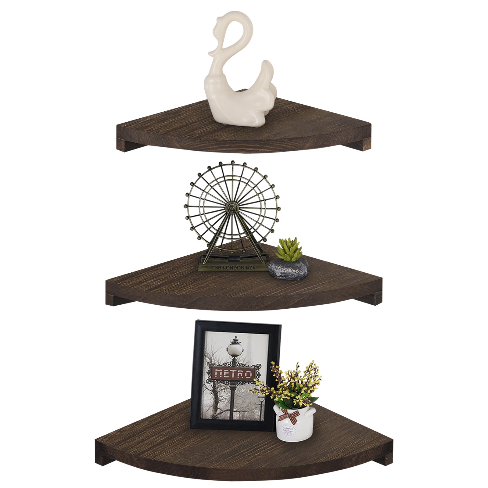 Set of 4 Rustic Dark Brown Wood Corner Floating Shelves, Wall-Mounted Storage and Display Units for Living Room, Bedroom, and Kitchen.