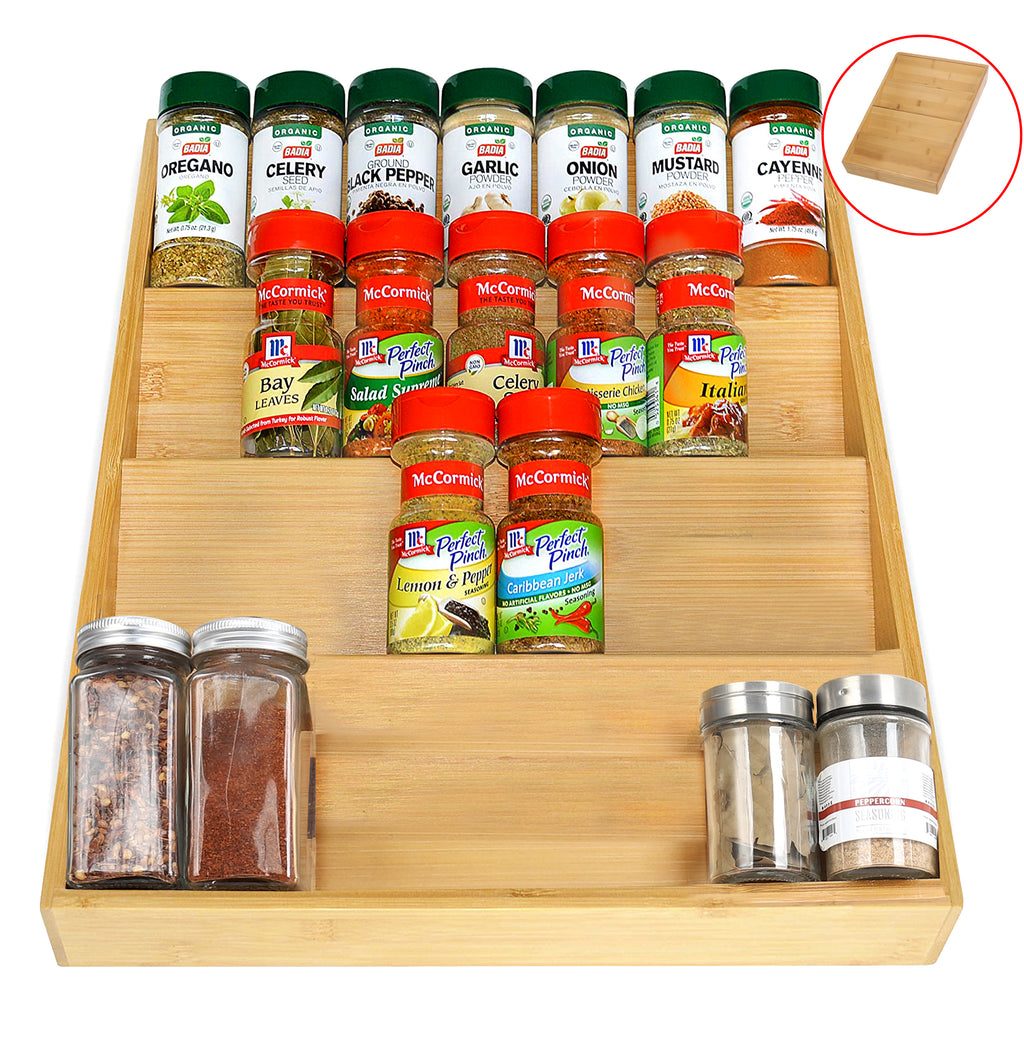 Four-Tier Bamboo Spice Rack Space-saving Kitchen Organization and Seasoning Display Solution Natural Bamboo Wood Finish