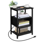 Black Nightstand with Charging Station, 3-Tier End Table with Drawer & USB Ports, for Bedroom & Living Room