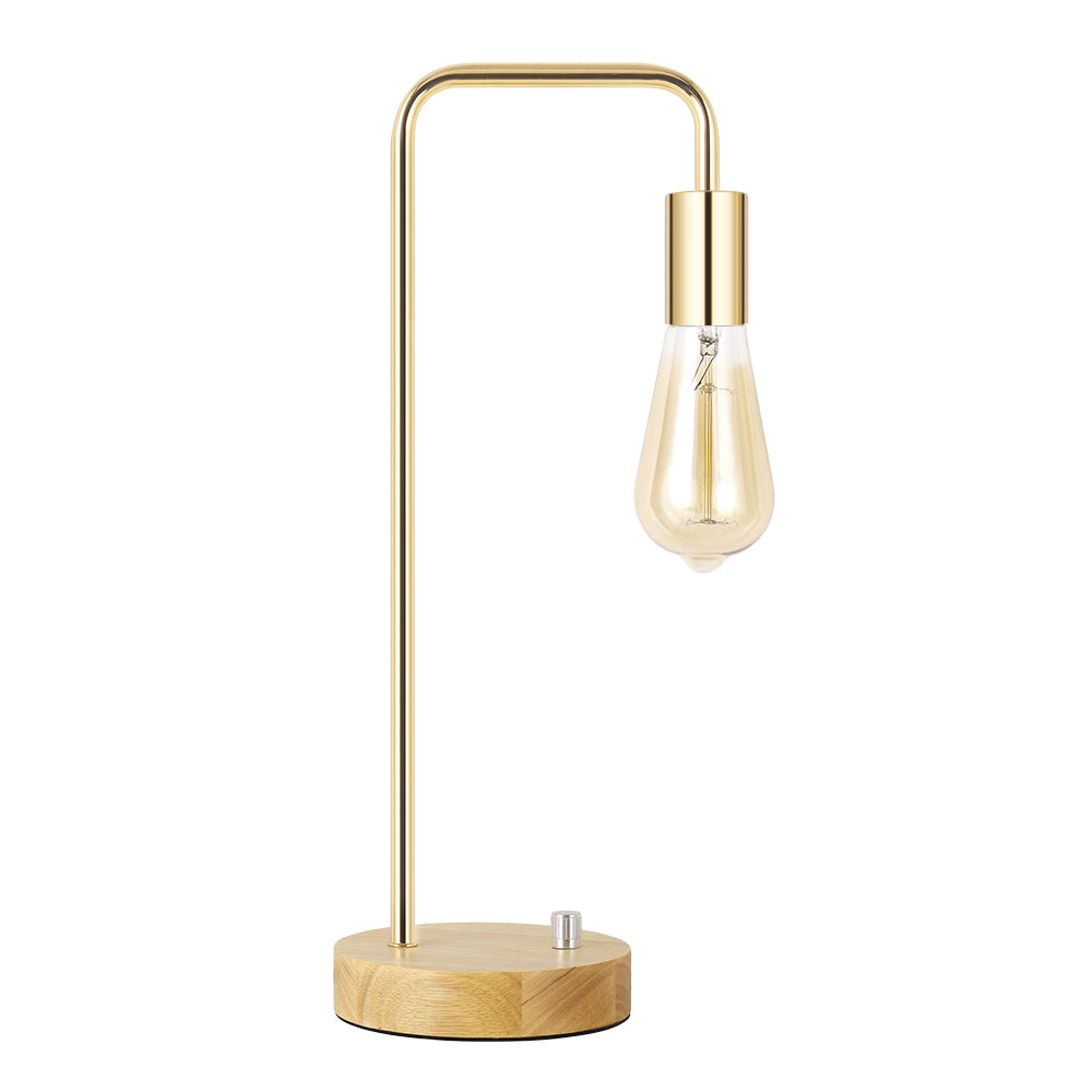 Elegant Gold Industrial Desk Lamp with Wood Base and Metal Frame, Retro Edison Style Nightstand Light for Bedrooms, Dorms, and Home Offices