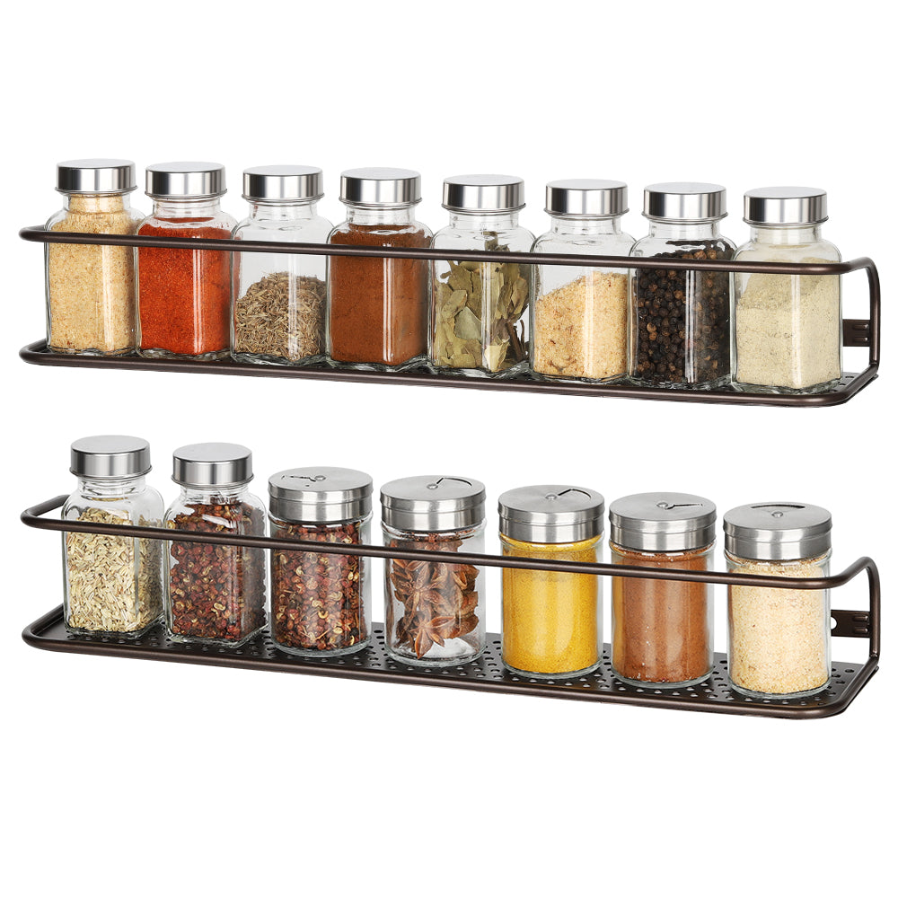Wall-Mounted Single Tier Spice Racks (Set of 2) - Bronze Metal Spice Shelf for Kitchen Doors & Cabinets