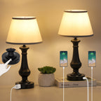 19" Small Table Lamp for Bedroom - Bedside Lamps with USB Ports & AC Outlet for Nightstand, Touch Control Black Table Lamp for Living Room with Fabric Shade, Desk Reading Lamp for Living Room Office Dorm, Set of 2