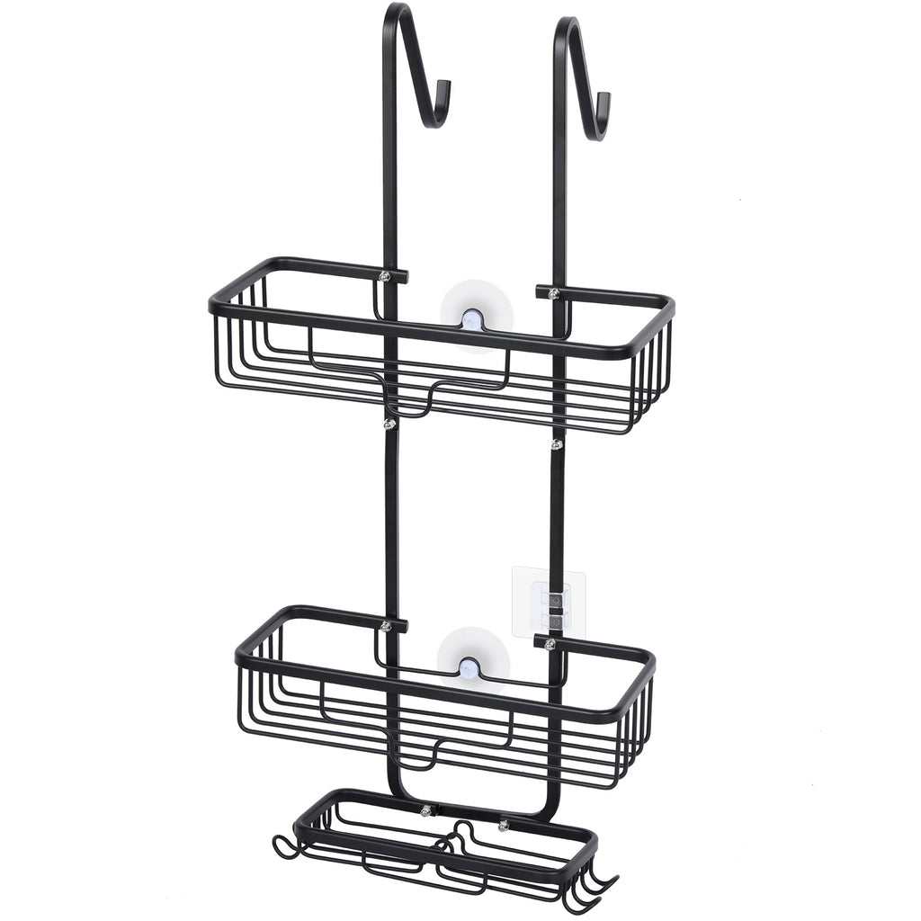 Aluminum bathroom basket behind the door, hanging, aluminum bathroom, shower caddy organizer with 2 baskets and hooks, anti-rust shampoo, conditioner and soap, black