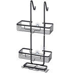 Aluminum bathroom basket behind the door, hanging, aluminum bathroom, shower caddy organizer with 2 baskets and hooks, anti-rust shampoo, conditioner and soap, black