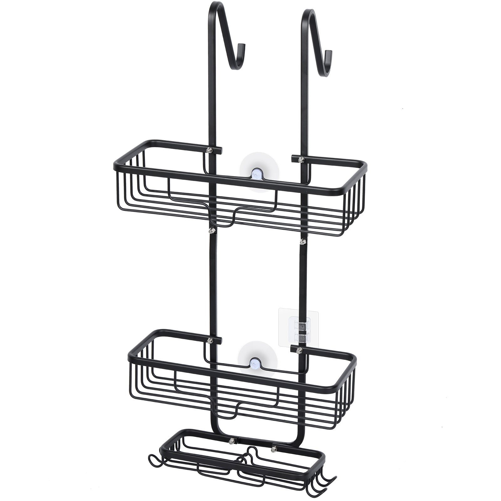 Aluminum bathroom basket behind the door, hanging, aluminum bathroom, shower caddy organizer with 2 baskets and hooks, anti-rust shampoo, conditioner and soap, black