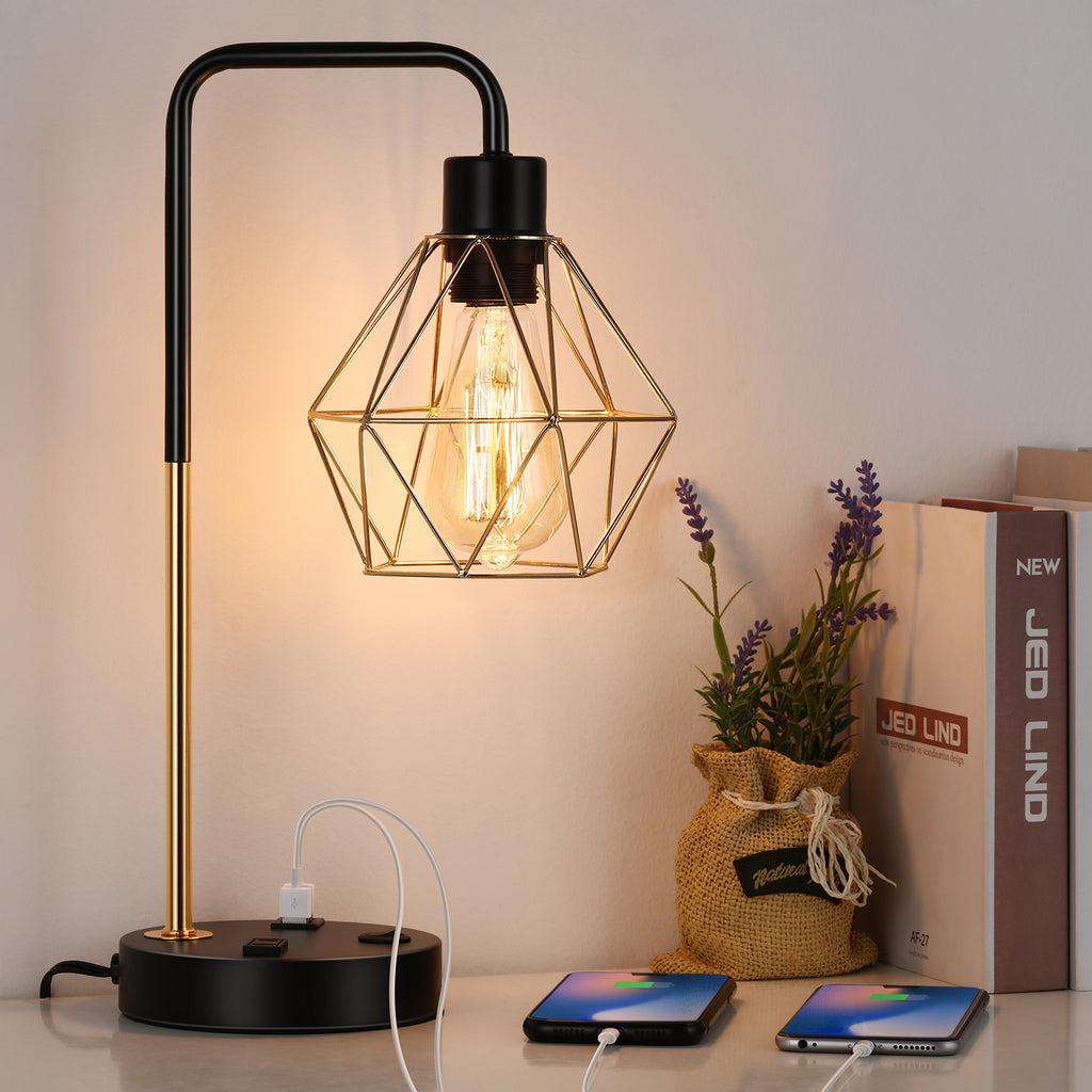 Industrial Table Lamp Vintage Desk Lamp with Dual USB Ports 1 AC Socket USB Table Lamp Bedside Nightstand Lamp with Metal Shade for Living Room Bedroom