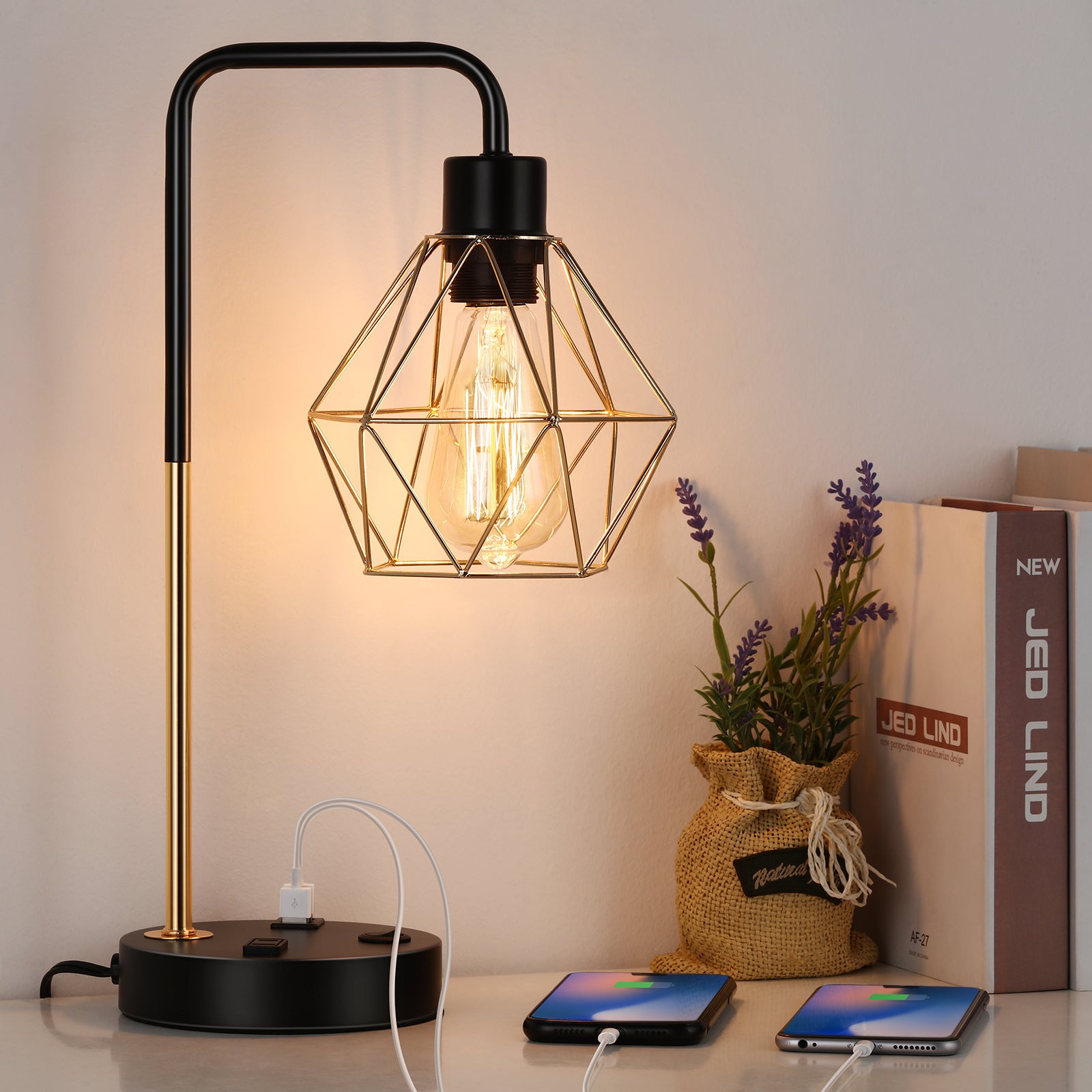 Industrial Table Lamp Vintage Desk Lamp with Dual USB Ports 1 AC Socket USB Table Lamp Bedside Nightstand Lamp with Metal Shade for Living Room Bedroom