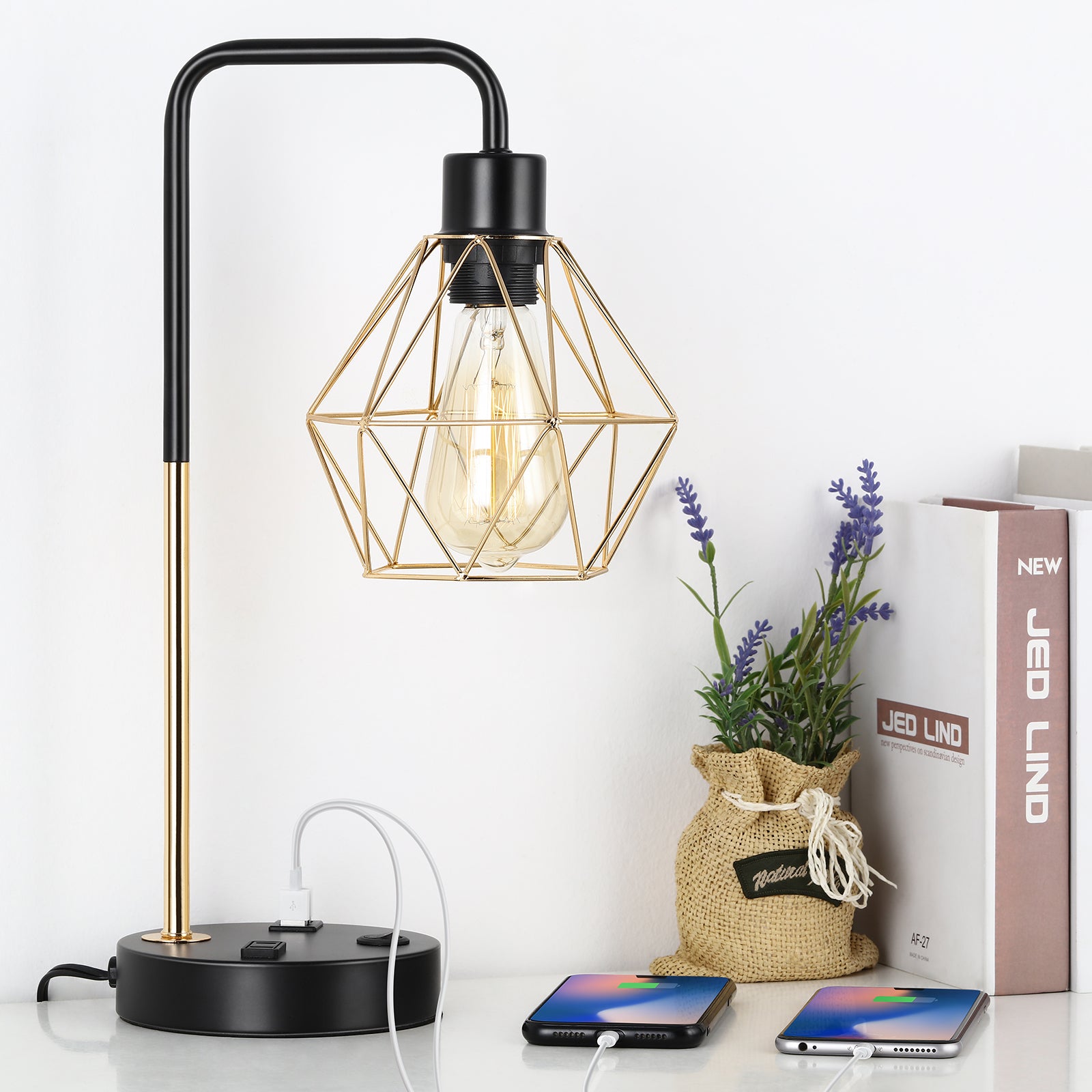 Industrial Table Lamp Vintage Desk Lamp with Dual USB Ports 1 AC Socket USB Table Lamp Bedside Nightstand Lamp with Metal Shade for Living Room Bedroom