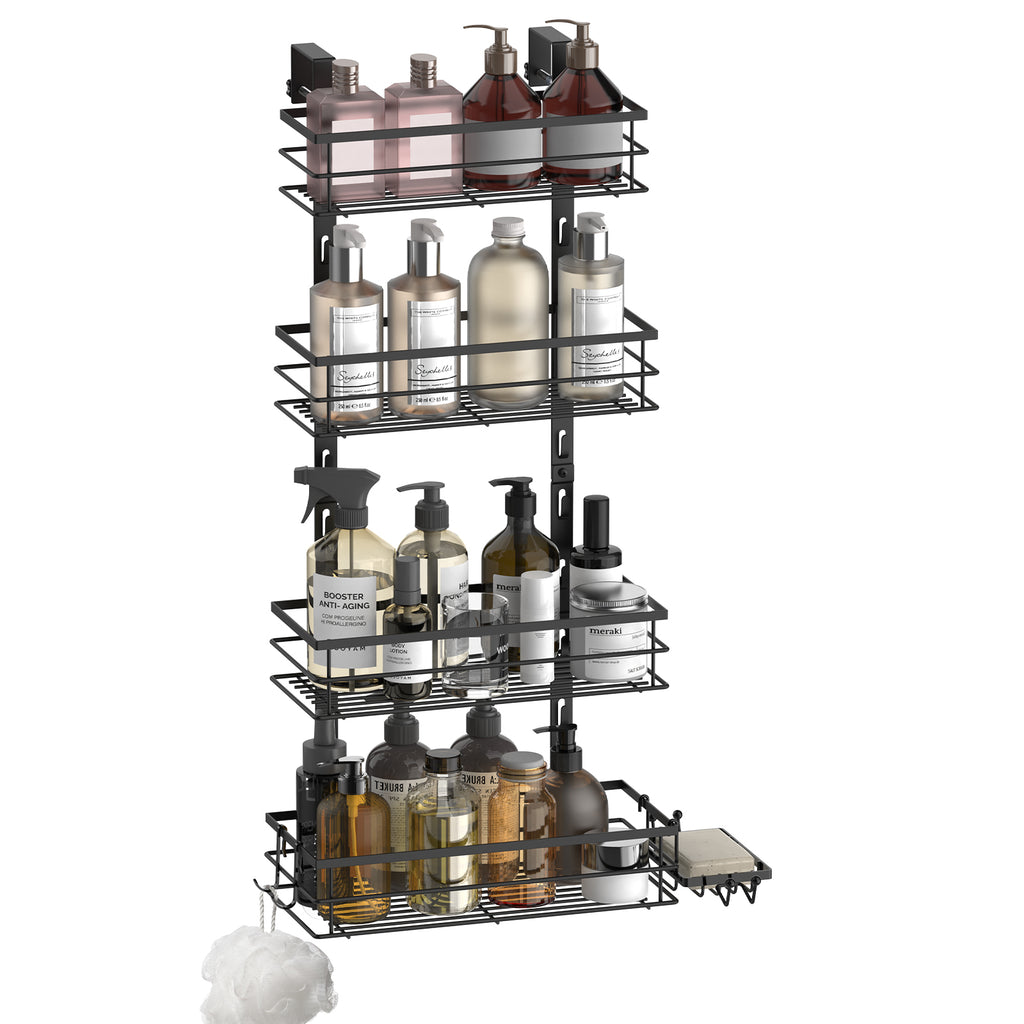 Adjustable 4 Tier Over the Door Shower Caddy, Bathroom Hanging Organizer Shelf Rustproof with Hooks, Shower Basket with Soap Holder