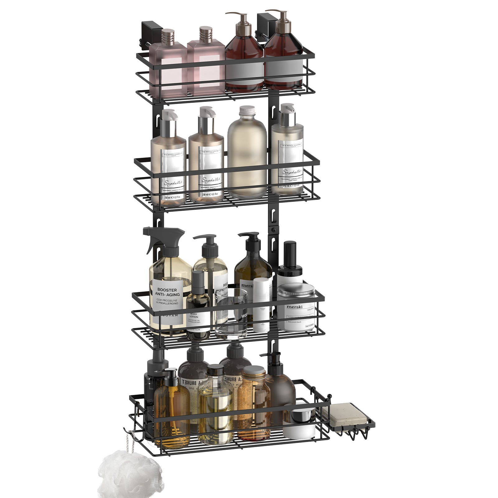 Adjustable 4 Tier Over the Door Shower Caddy, Bathroom Hanging Organizer Shelf Rustproof with Hooks, Shower Basket with Soap Holder