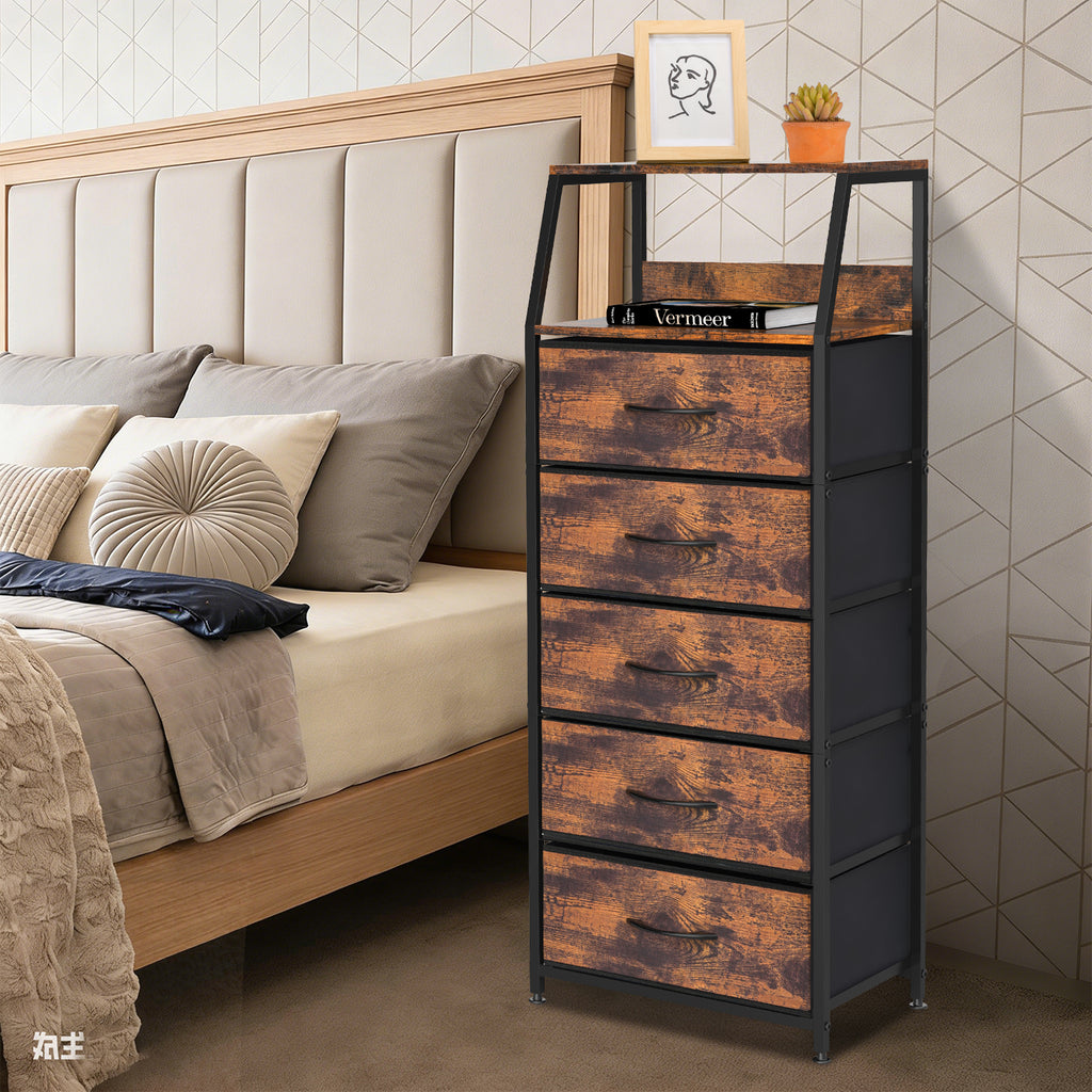 5-Drawer Tall Fabric Dresser - Brown Chest of Drawers with 2-Tier Wood Top for Small Spaces