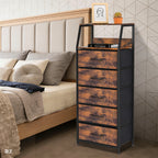 5-Drawer Tall Fabric Dresser - Brown Chest of Drawers with 2-Tier Wood Top for Small Spaces