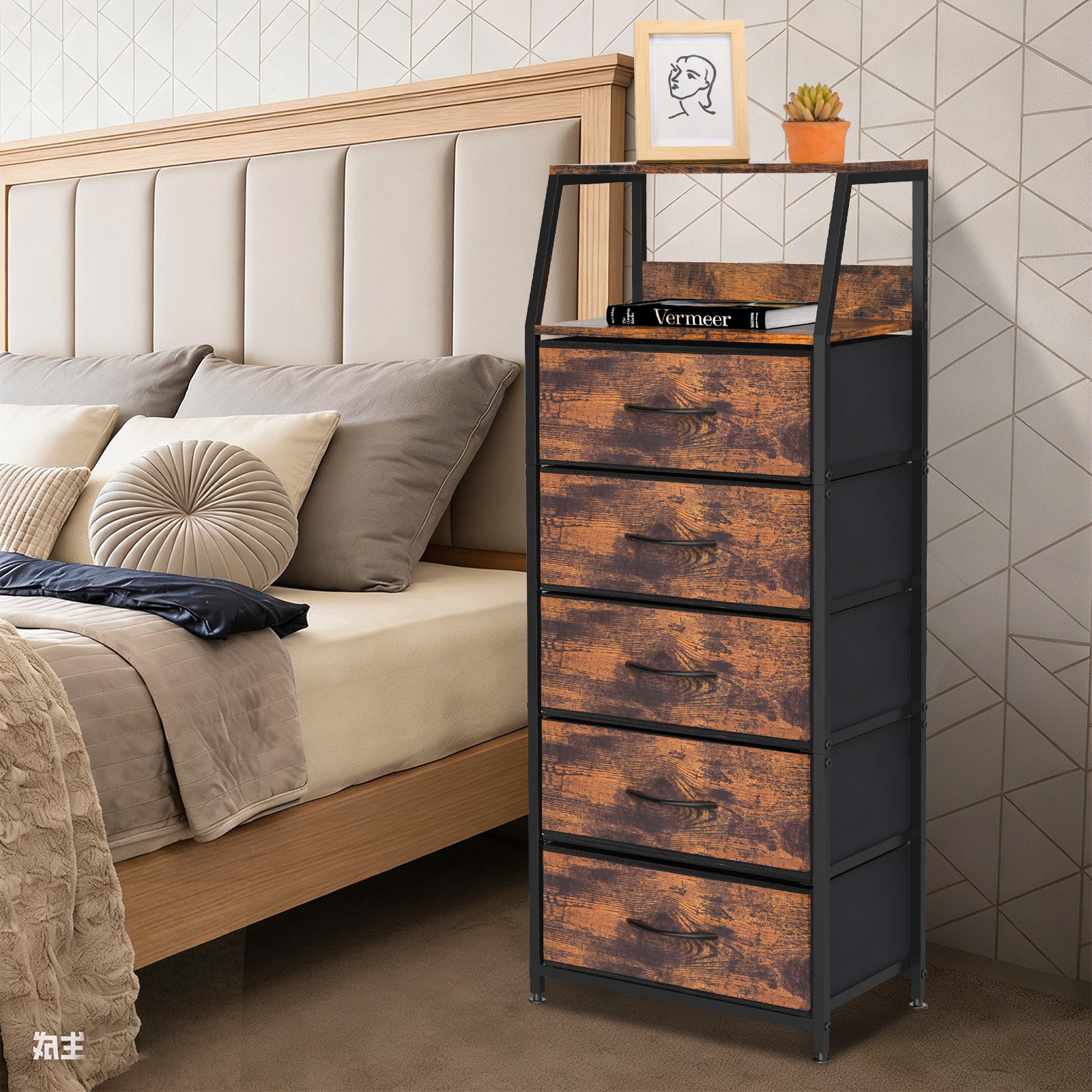 5-Drawer Tall Fabric Dresser - Brown Chest of Drawers with 2-Tier Wood Top for Small Spaces