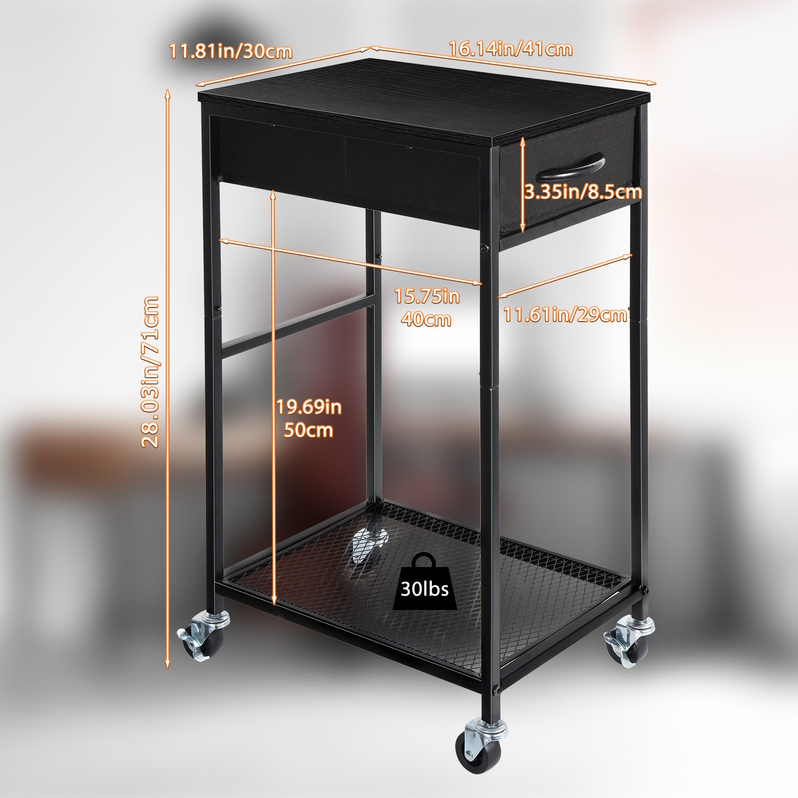 2-Tier Mobile Computer Tower Stand with Storage Drawer, Metal PC Holder on Wheels for Home Office