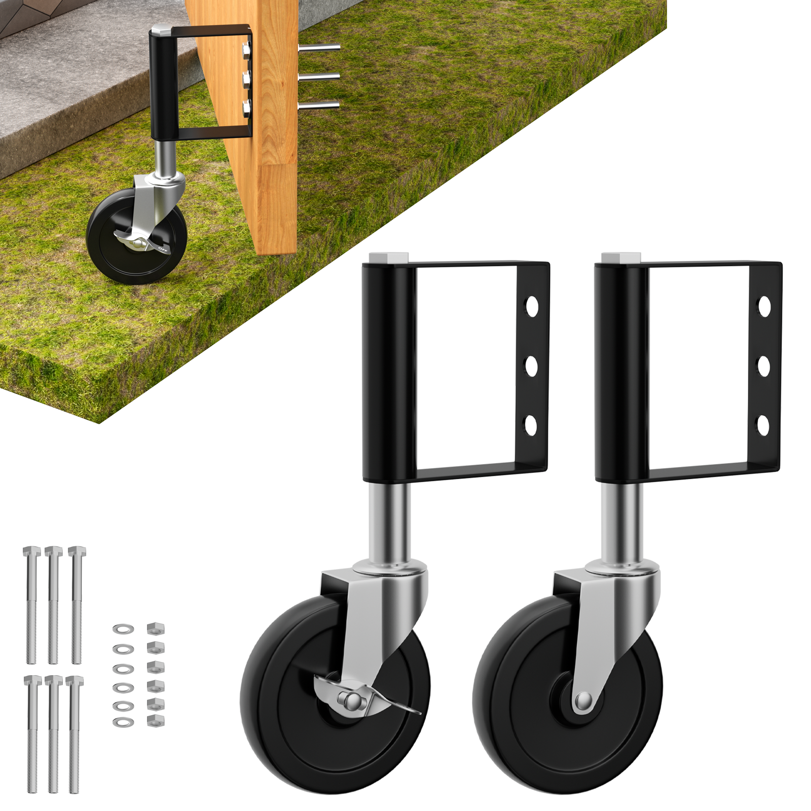 2-Pack 4-Inch Spring Loaded Gate Casters, Heavy Duty Gate Wheels with 220 Lbs Capacity for Metal and Wood Gates,