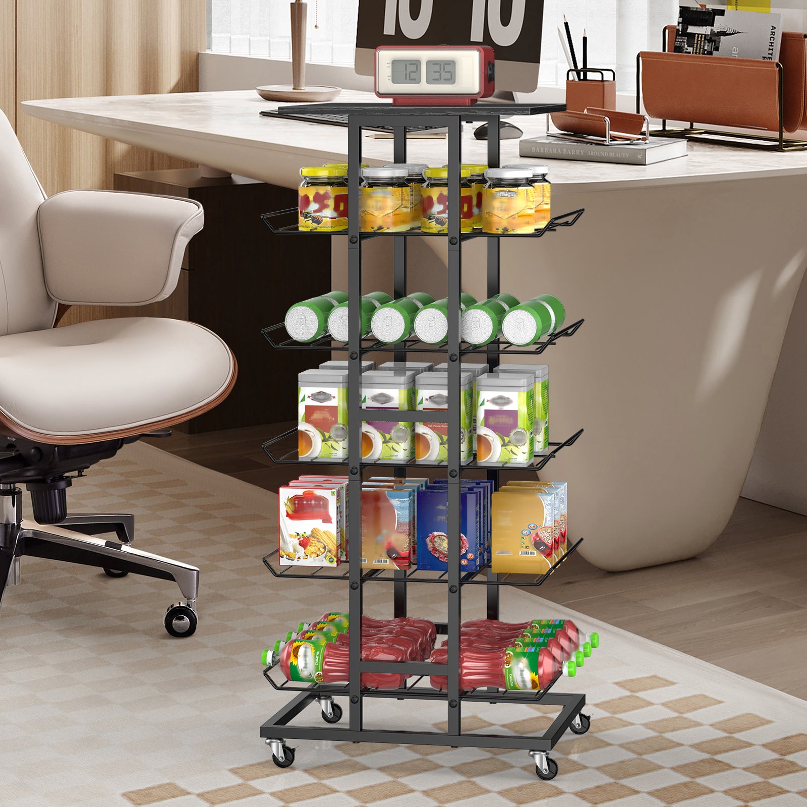 5-Tier Rolling Beverage Storage Rack with Lockable Wheels - Multi-Purpose Kitchen Pantry Organizer & Mobile Can Holder for Soda & Bottled Water
