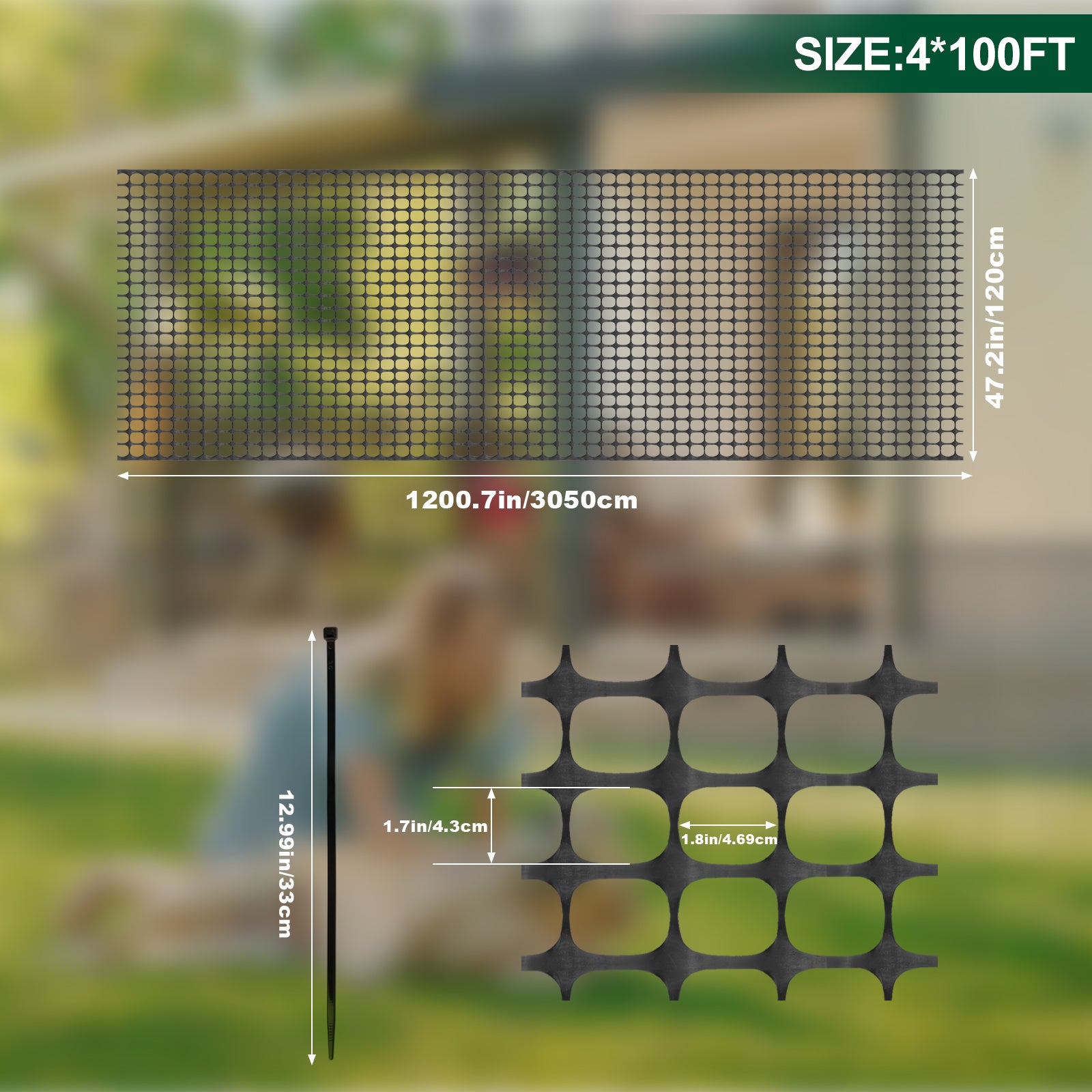 4' x 100' Plastic Mesh Safety Fence - High-Visibility Construction Barrier Netting - Includes 100 Zip Ties for Garden & Poultry