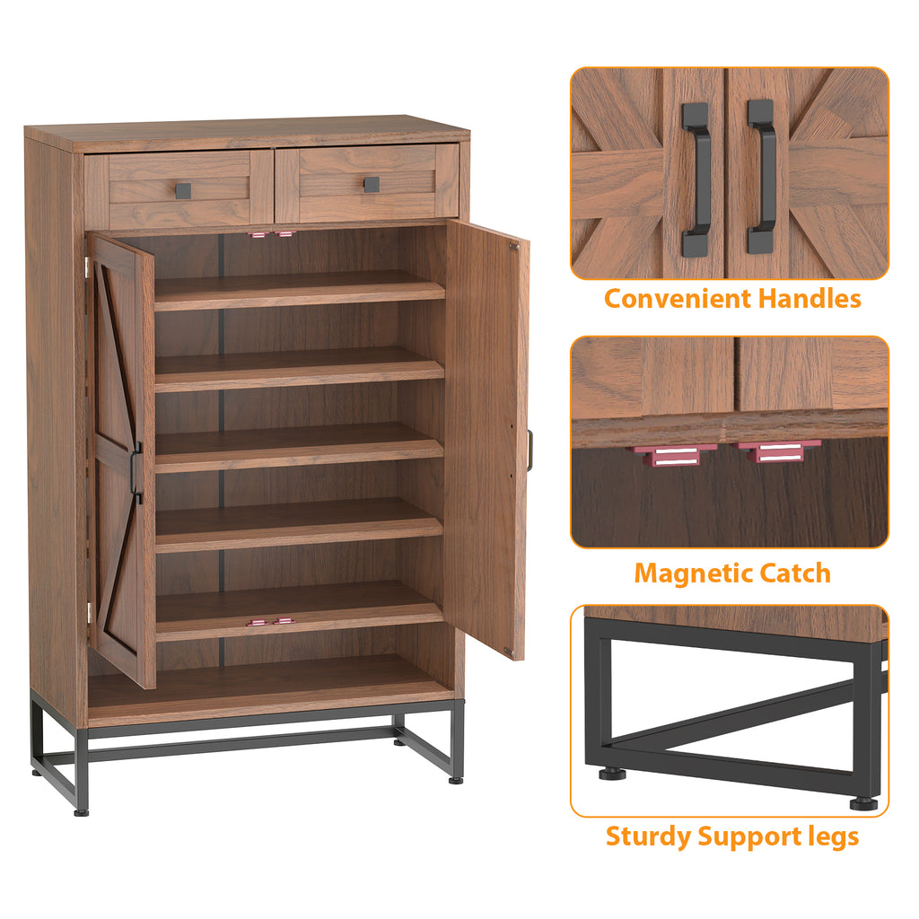 Rustic Brown Freestanding Shoe Storage Cabinet - Barn-Door Style Entryway Organizer with Adjustable Shelves