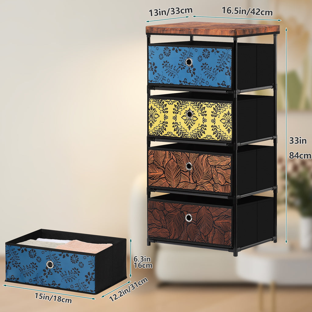 4 Drawer Fabric Dresser Storage Tower, Vertical Organizer Cabinet for Bedroom Closet Entryway Hallway Color Printed Foldable Drawers