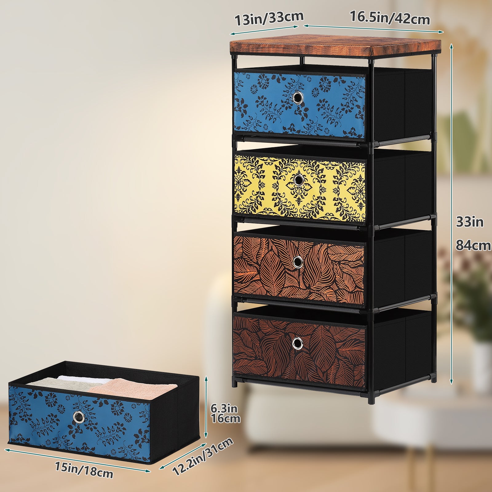 4 Drawer Fabric Dresser Storage Tower, Vertical Organizer Cabinet for Bedroom Closet Entryway Hallway Color Printed Foldable Drawers