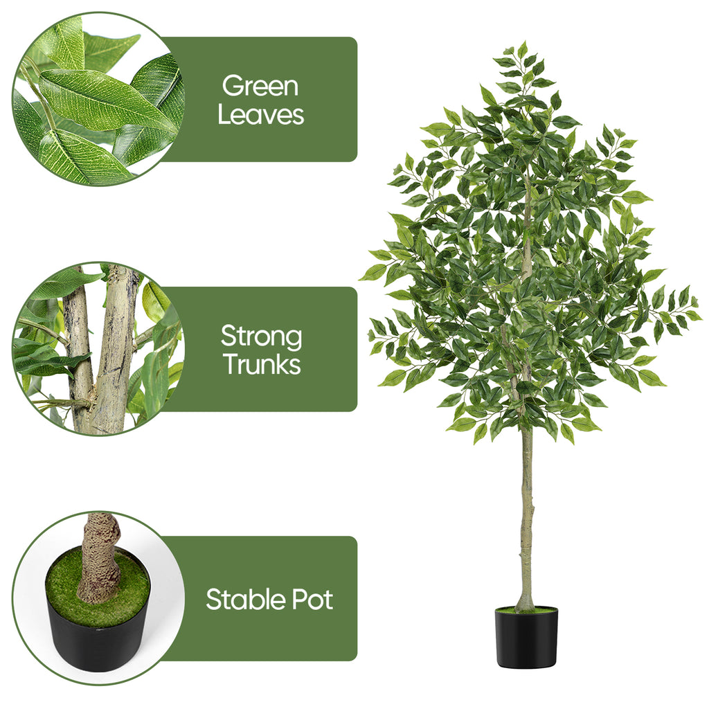 6ft Artificial Ficus Tree, Tall Lifelike Silk Leaf Plant with Real Wood Trunk for Indoor Home and Office Floor Decoration