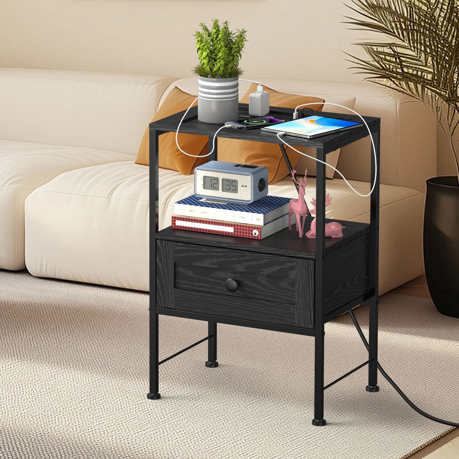 Nightstand with Built-in Charging Station & USB Ports