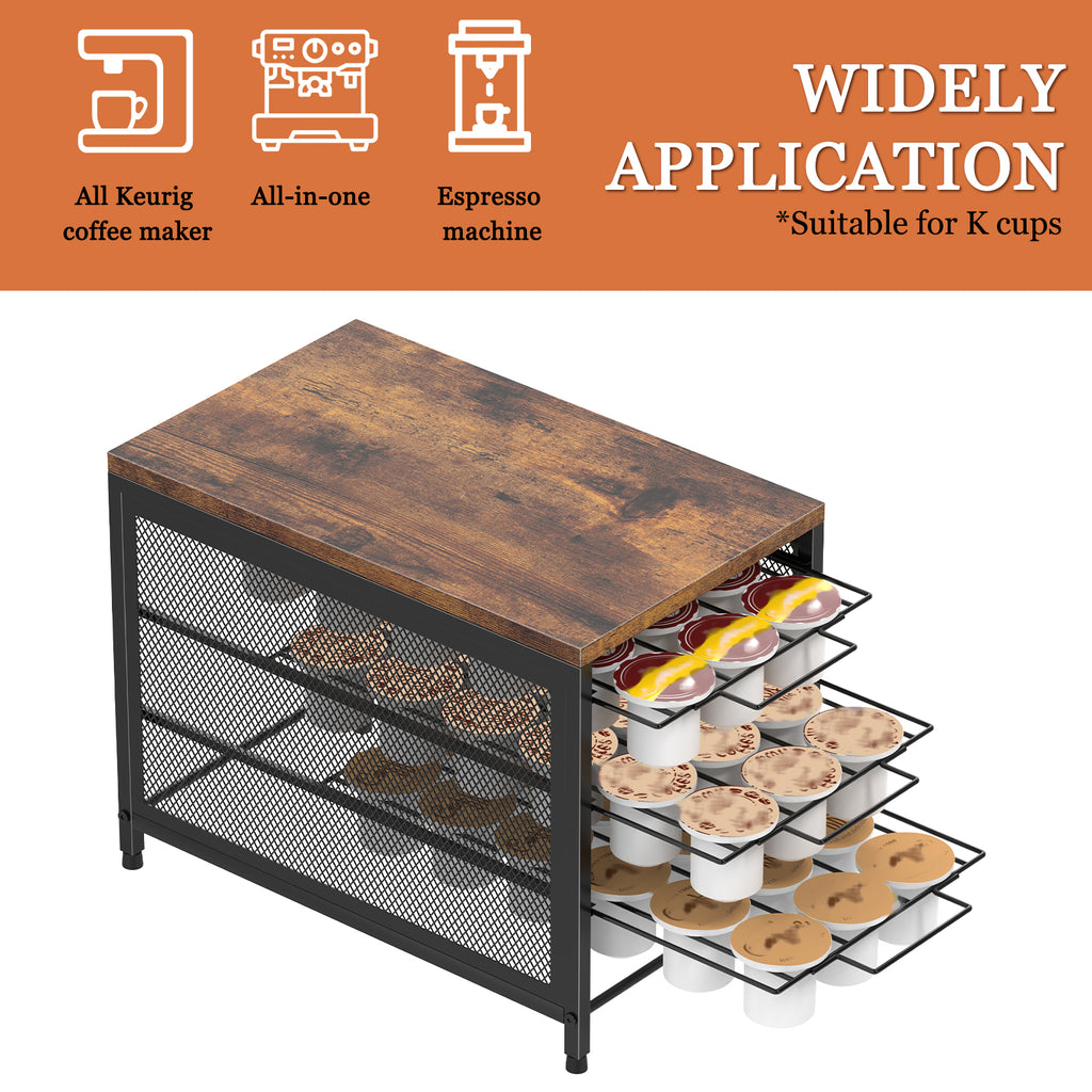 54/72-Capacity 3/4-Tier K-Cup Drawer Organizer -Rustic Coffee Pod Holder for Countertops