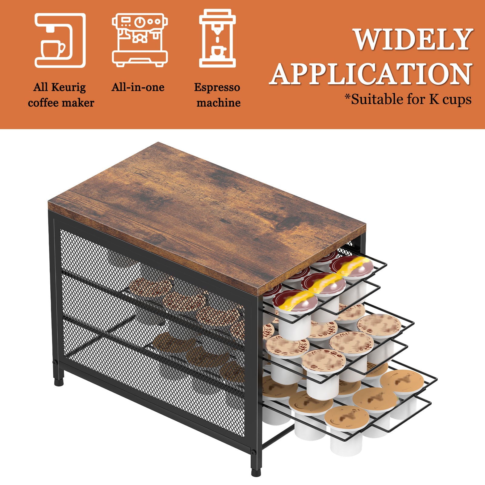 54/72-Capacity 3/4-Tier K-Cup Drawer Organizer -Rustic Coffee Pod Holder for Countertops