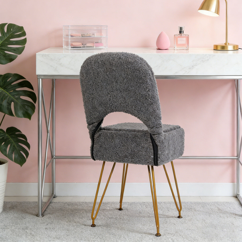Modern Teddy Alpaca Fur Storage Vanity Stool, Hollow Cutout Back Makeup Chair with Detachable Zipper Storage Box, Anti-Slip Gold Metal Legs Padded Accent Chair for Dressing Room, Apartment Decor