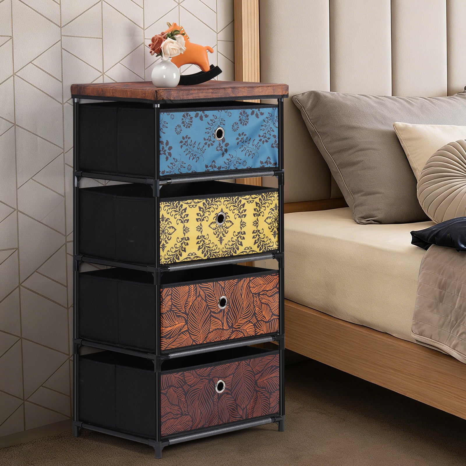 4 Drawer Fabric Dresser Storage Tower, Vertical Organizer Cabinet for Bedroom Closet Entryway Hallway Color Printed Foldable Drawers
