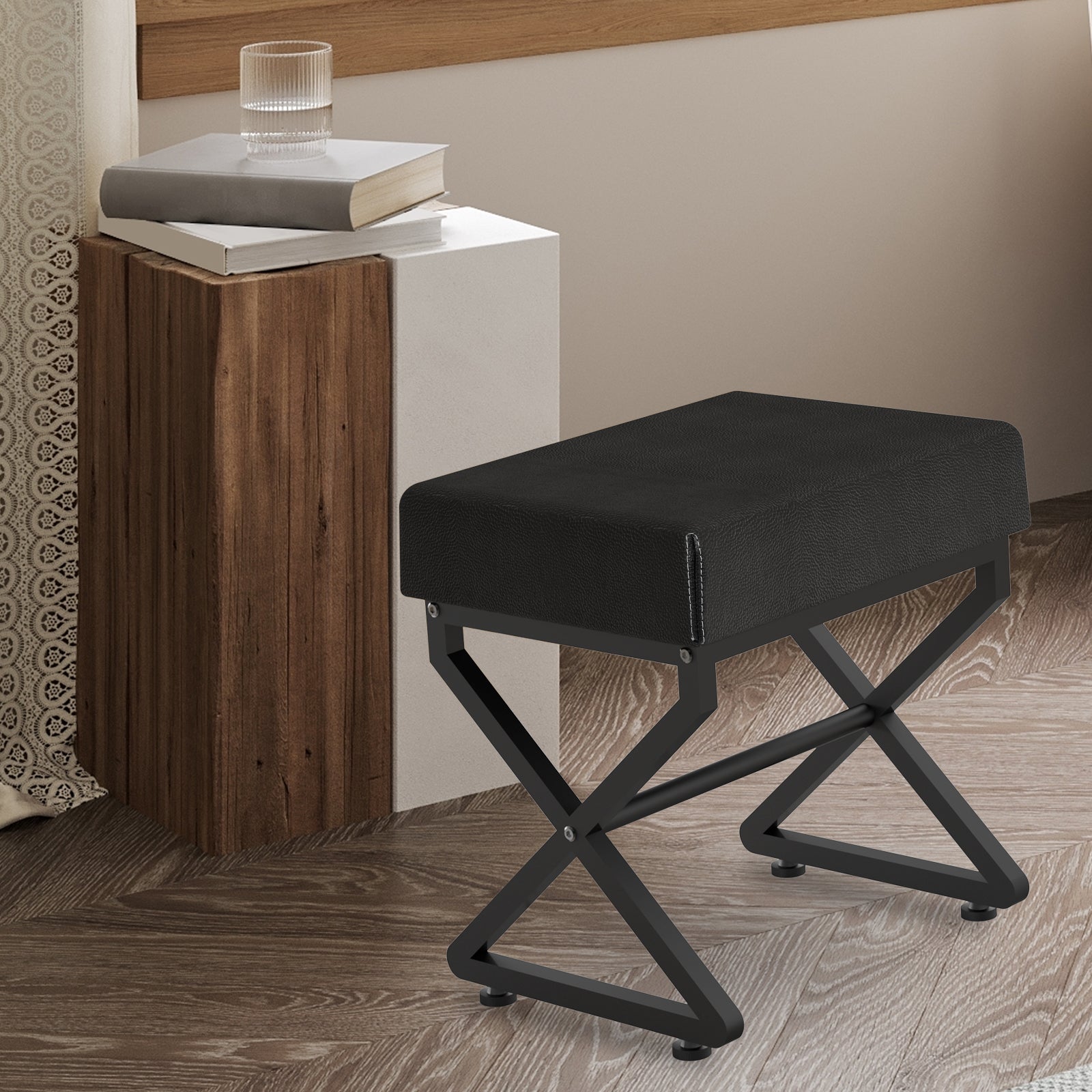 19.69 Inch X Frame Vanity Stool, Waterproof PU Leather Padded Makeup Ottoman Bench, Heavy Duty Black Metal X Leg Foot Rest Stool, Multi Use Shoe Stool for Bedroom Entryway Living Room