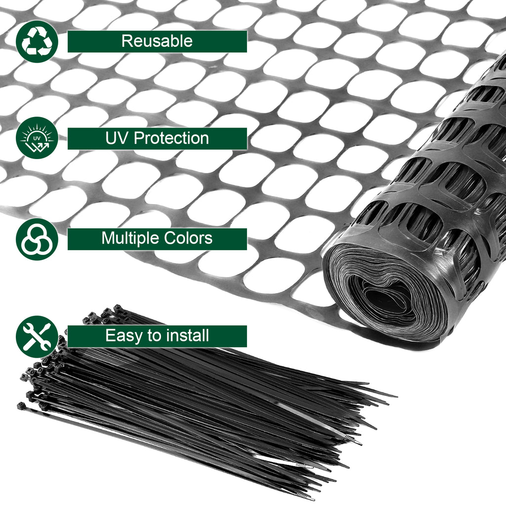 4' x 100' Plastic Mesh Safety Fence - High-Visibility Construction Barrier Netting - Includes 100 Zip Ties for Garden & Poultry