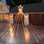 Outdoor Christmas Star Tree Light, 11-Foot Waterfall String Lights with Topper Star for Yard and Party Decorations, Warm White,
