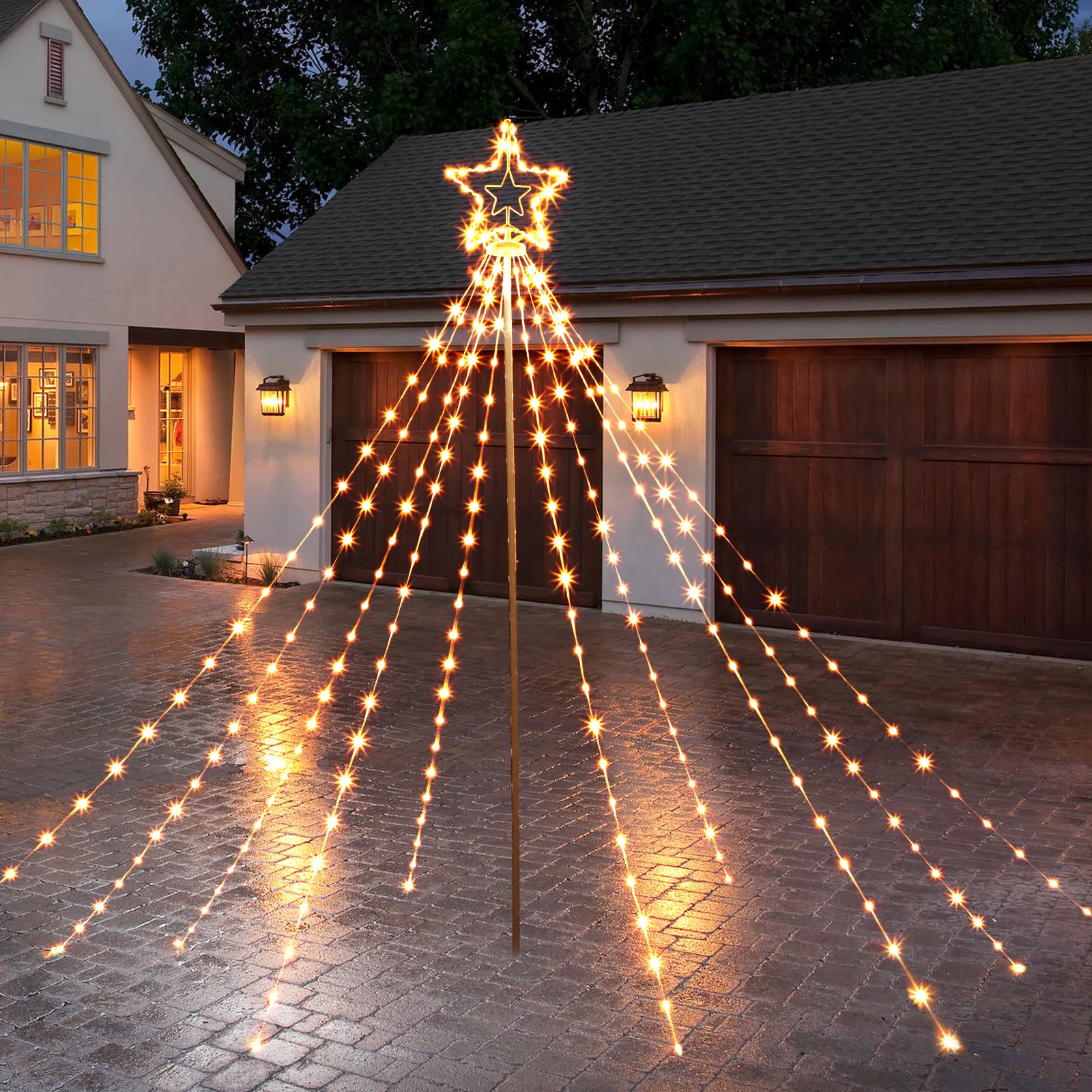 Outdoor Christmas Star Tree Light, 11-Foot Waterfall String Lights with Topper Star for Yard and Party Decorations, Warm White,