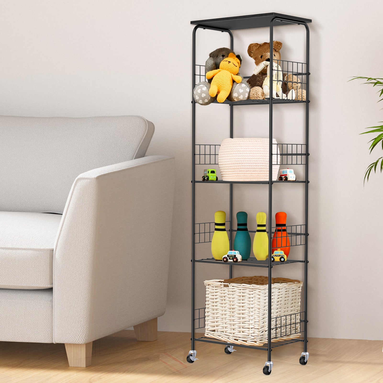 5-Tier Rolling Wire Storage Basket Cart - Slim Utility Shelf Organizer for Kitchen, Pantry, Laundry Room & Kids' Playroom, Black