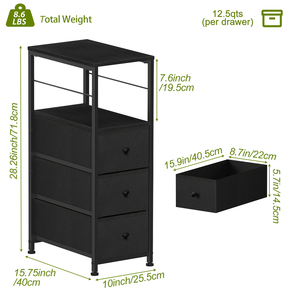 Narrow 3-Drawer Dresser - Slim Side Table with Storage for Small Spaces & Bathrooms, Black,